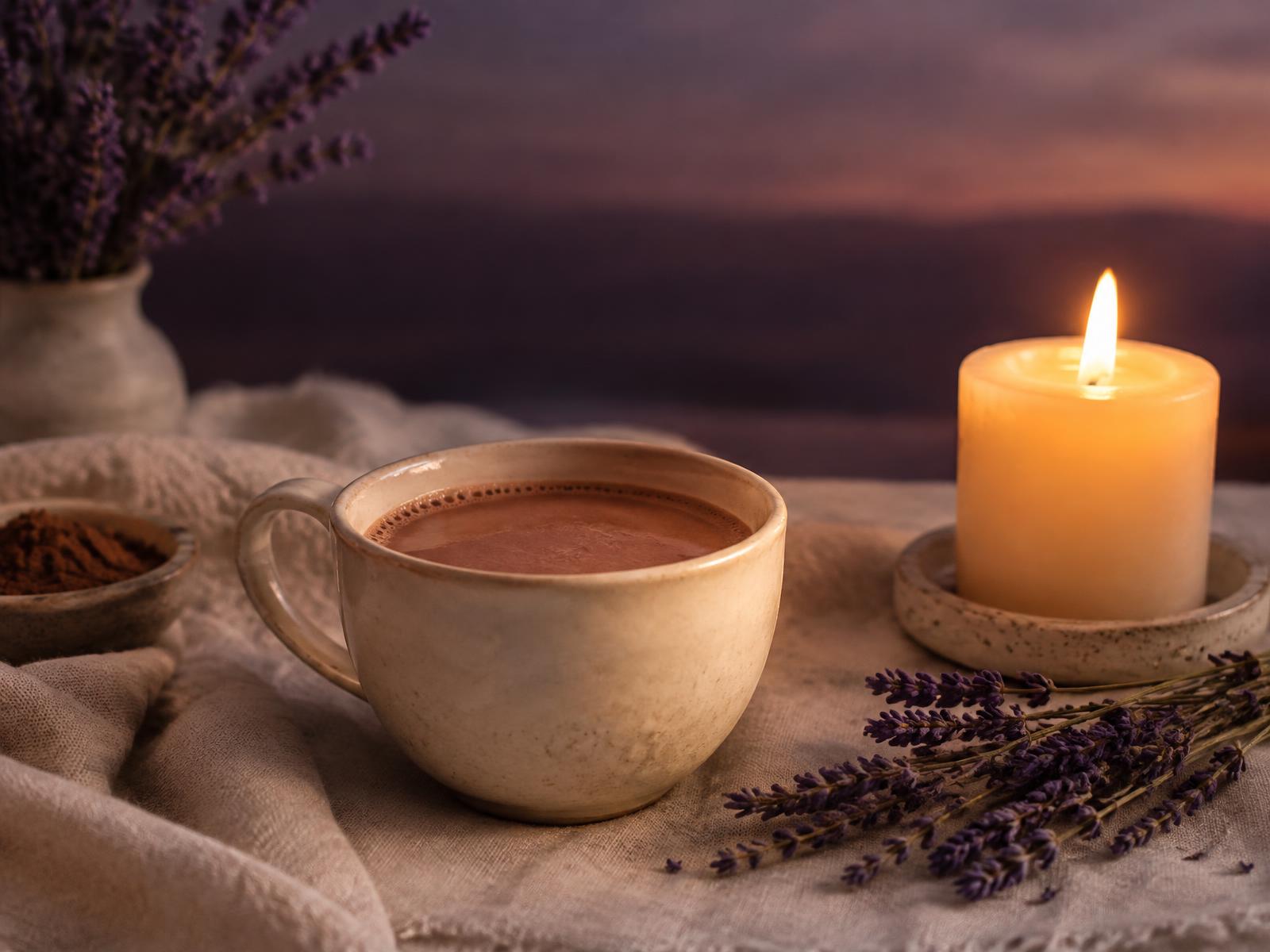 A calm moment: a cup of cacao and a candle on linen
