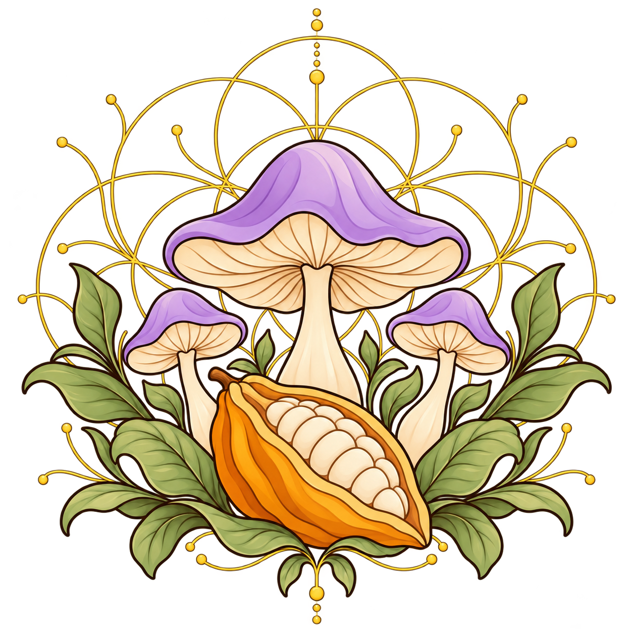 Cacao pods and mushrooms illustration
